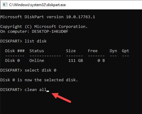 clean disk with command prompt