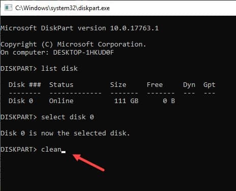 disk part clean disk command